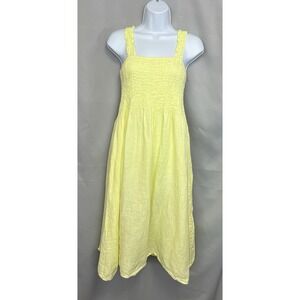 Laura Bianchi Women's Large Midi Dress Butter Yellow Linen Smocked Square Neck